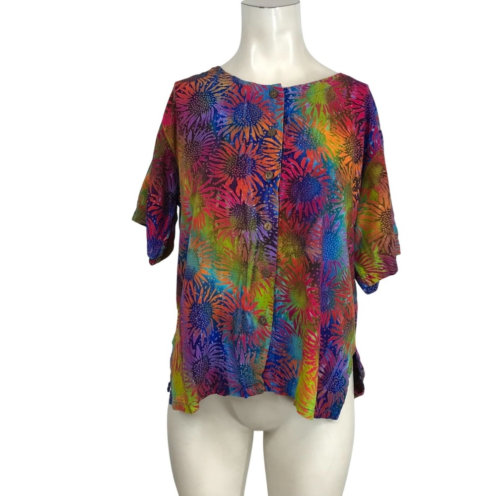 SPICY BAMBU - WOMEN'S MEDIUM - MULTICOLOR SHORT SLEEVE BUTTON RAYON TOP BOHO